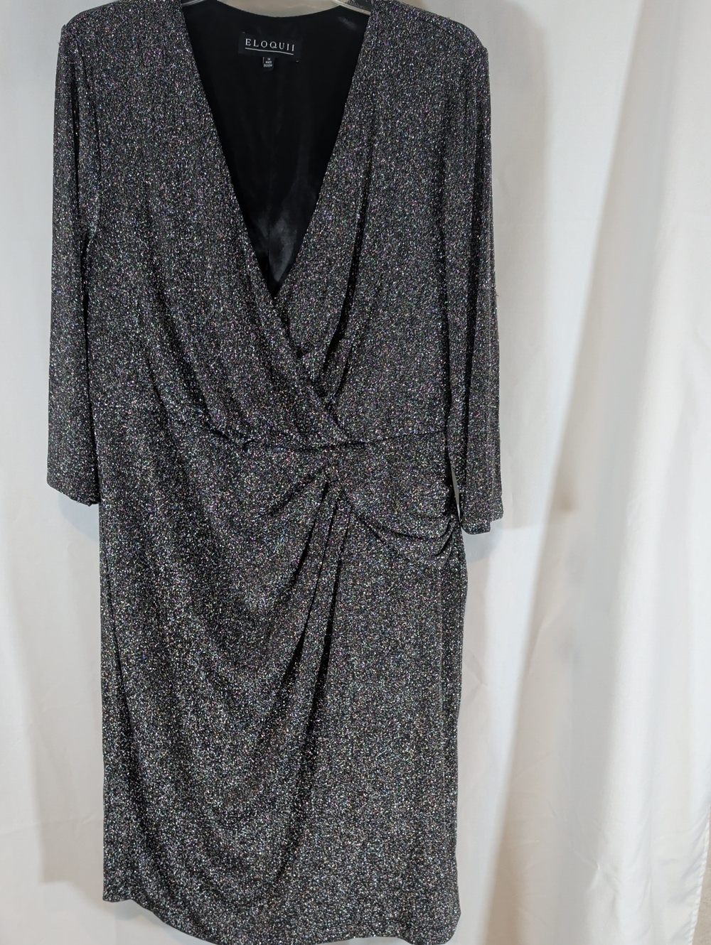 Eloquii Metallic Black Glitter Wrap Midi Dress